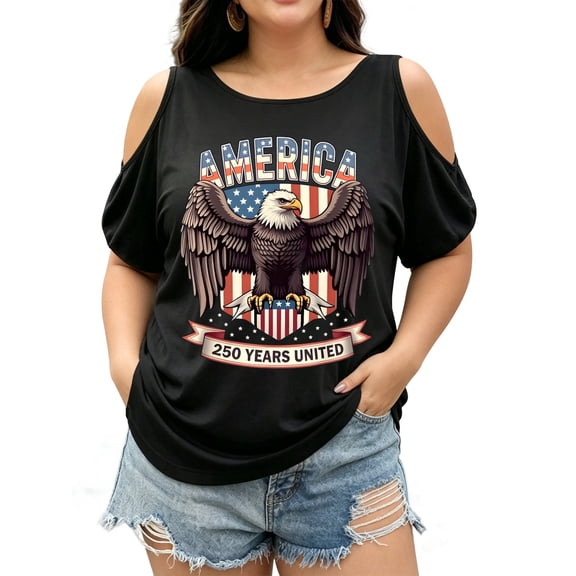 Plus Size Off Shoulder Tie Graphic Print T-Shirt 250 Years United States Of America Bald Eagle & American Flag Patriotic T-Shirt - 250th Anniversary Commemorative Edition Short Sleeve, Comfortable Ca