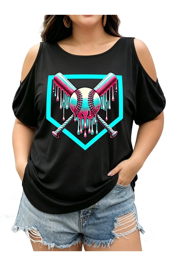 Plus Size Off Shoulder Tie Graphic Print T-Shirt Neon Glow-In-The-Dark Baseball & Crossed Bats Graphic T-Shirt - Reactive Party Tee With Glowing Frame, Casual Round Neck Shirt For Sports Events