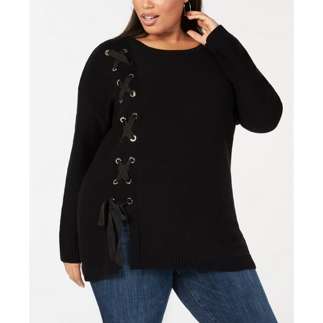 Plus Size Side Lace Up Tunic Sweater Deep Black 1X