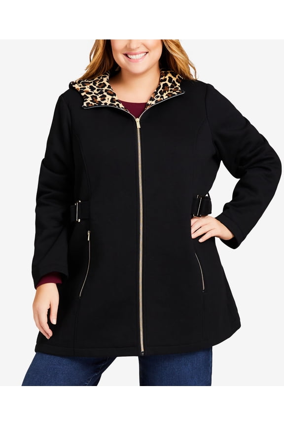 Plus Size Side Tab Leopard Print Fleece Coat Black 2X