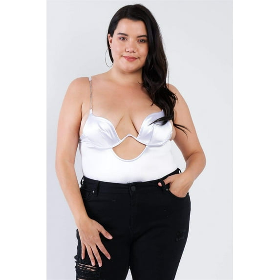 Plus Size Silk Chain Spaghetti Strap High Thong Center Cut Out Bodysuit 1XL
