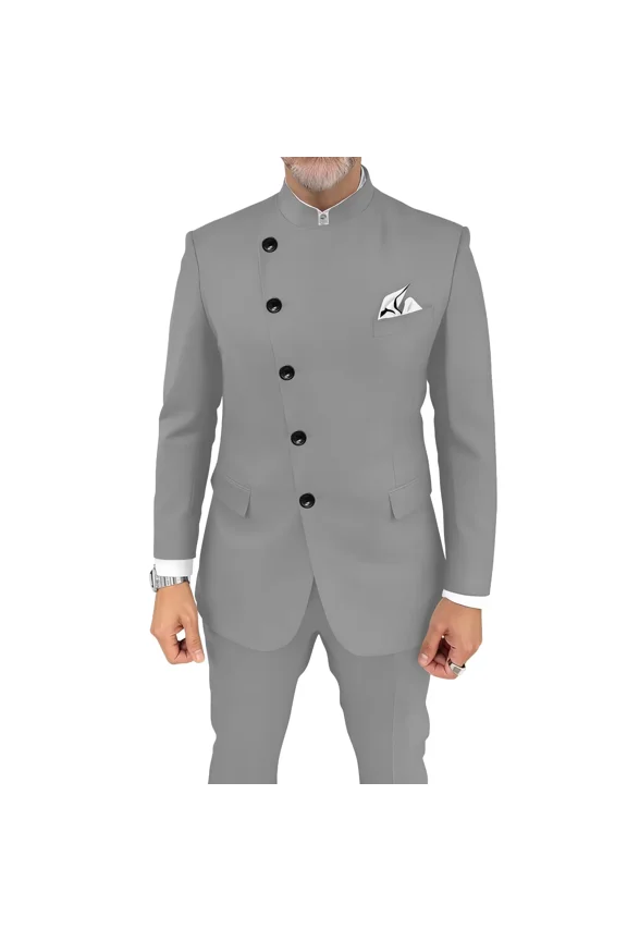 Plus Size Silver Chinese Tunic Suit Men Mandarin Collar Suits Set for Prom Wedding, 5XL