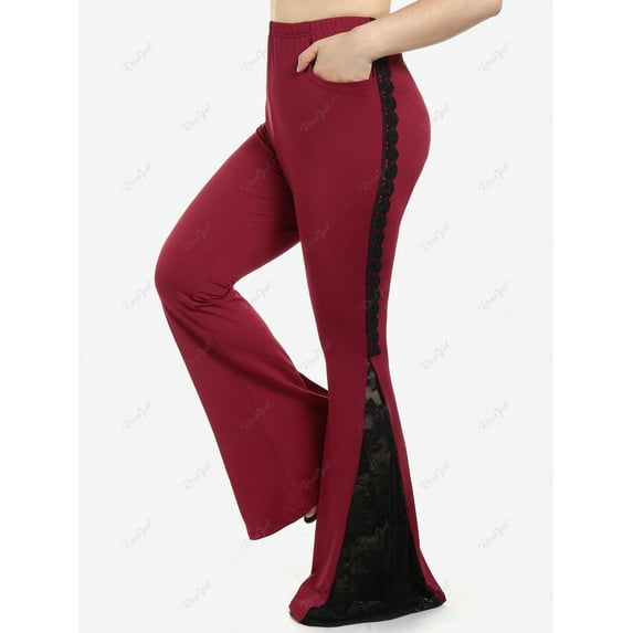 Plus Size Slant Pockets Lace Panel Bell Bottom Pants