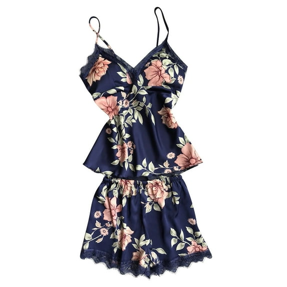 Plus Size Sleepwear New Satin Pajamas Set for Women 2 Piece Satin Cami Pjs Set with Shorts Sleepwear Nightwear Lace Trim Outfit Cute Pajamas Navy L New