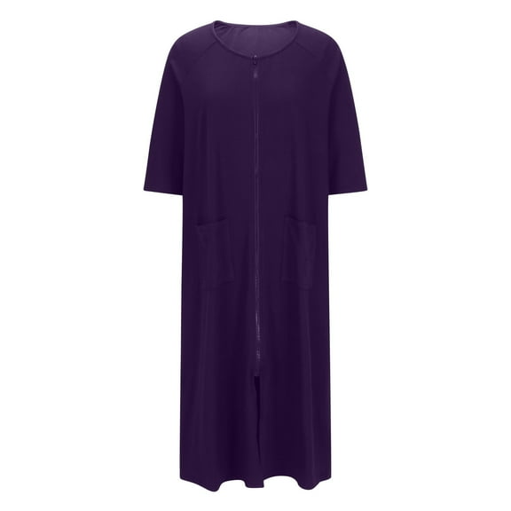 Plus Size Sleepwear New Women Robes Zipper Front Short Sleeve Full Length Housecoat Loose Loungewear Pajamas with Pockets Purple M