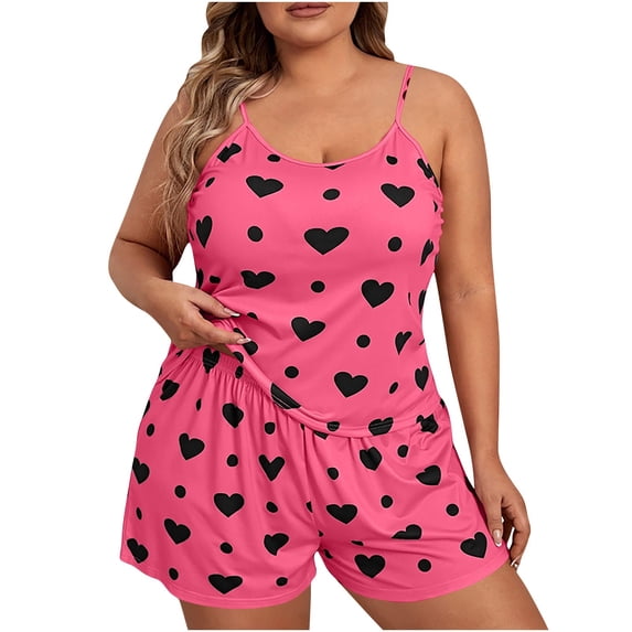 Plus Size Sleepwear Womens Cami Pajamas Sets Heart 2 Piece Lounge Wear Cute Pjs Tank Top with Shorts Hot Pink, 4XL