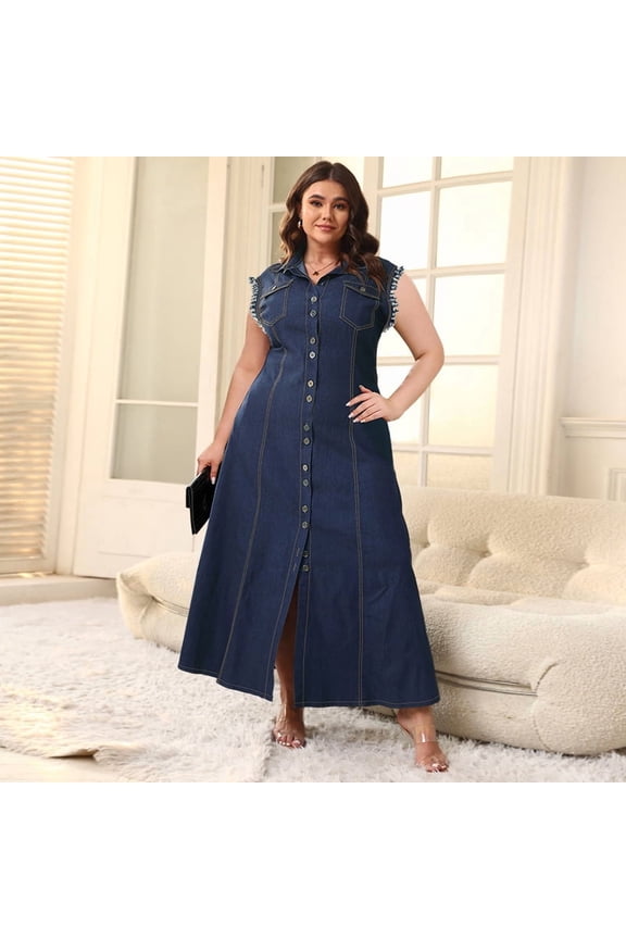 Plus Size Sleeveless Button Front Long Denim Dress, Slim Waist Dress for Daily Commute