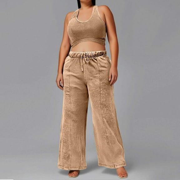 Plus Size Sleeveless Crop Top And High Waist Wide Leg Pants Set For Women Casual Elastic Waist Outfit Summer Fashion Long Formal Dress plus Size Sequin Formal Dress plus Size Womens Suits Dress