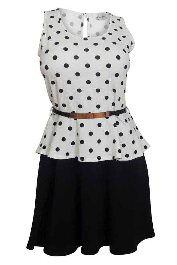 Plus Size Sleeveless Polka Dot Peplum Dress White