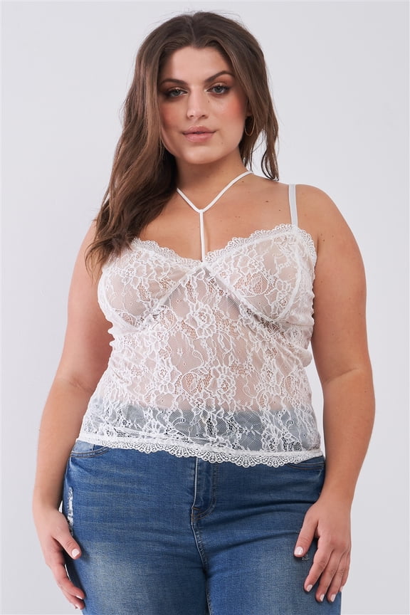 Plus Size Sleeveless Sheer Lace Halter Neck Detail Bustier Top 2XL