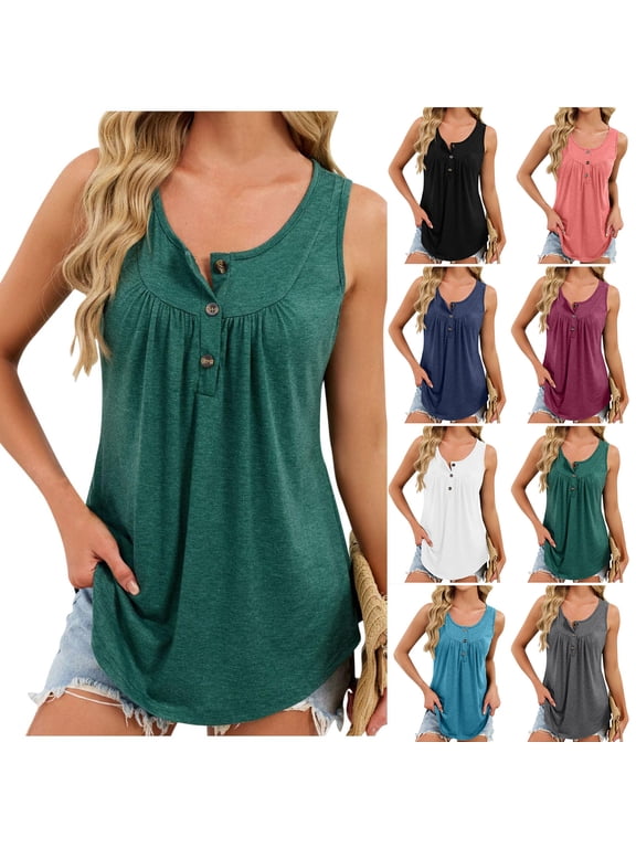 Plus-Size Sleeveless Shirts for Women Summer Crew Neck Casual Tops Buttons Pleated Blouse Pullover Tees Pink,Size XL