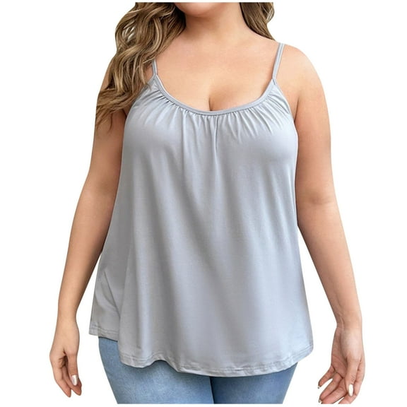 Plus Size Sleeveless Shirts for Womens Summer Tops with Built in Bra Cami T-Shirt Ladies Dressy Casual Camisole Pleated Round Neck Tunic Blouse