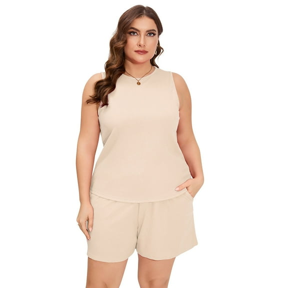 Plus Size Sleeveless Two Sets Outfits For Women Round Neck Knit Casual Crop Tops With Shorts
