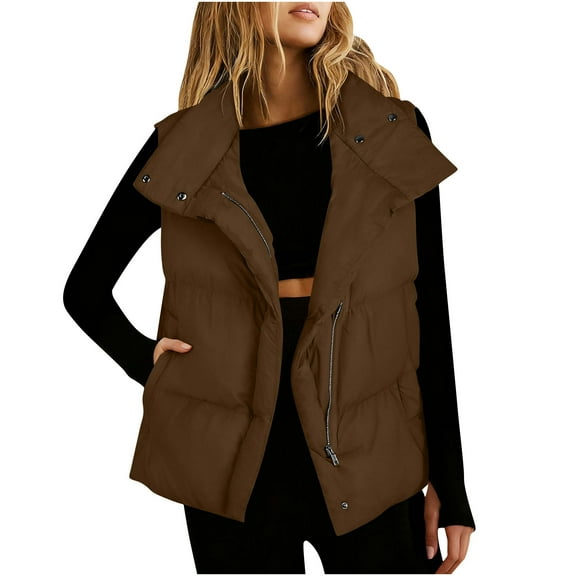 Plus Size Sleeveless Vests for Women New Women Puffer Vests Sleeveless Zip up Stand Collar Quilted Lightweight Jacket Winter Warm Padded down Outerwear Coffee XL