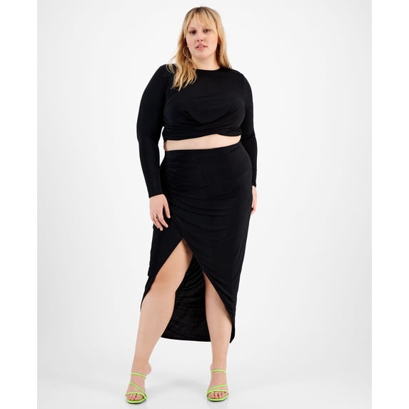 Plus Size Slinky Pull-On Slit-Front Midi Skirt Deep Black 4X
