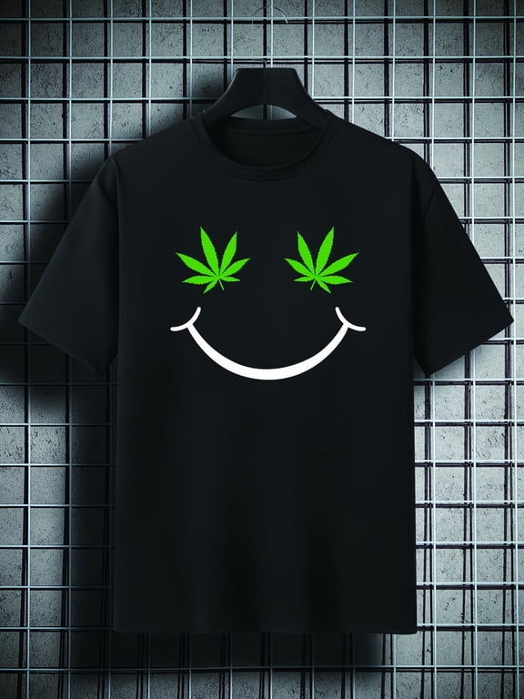 Plus Size Smile Face Weed Pattern Short Sleeve Crew Neck T-shirt - Oversized Casual Clothing For Big And Tall Guys - Best Sellers Gifts