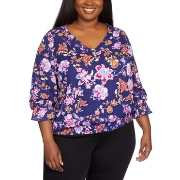 Plus Size Smocked Hem Blouse Top Blue Floral 3X
