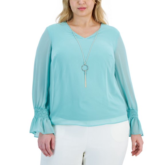 Plus Size Smocked-Sleeve Necklace Top Jade Isle 2X