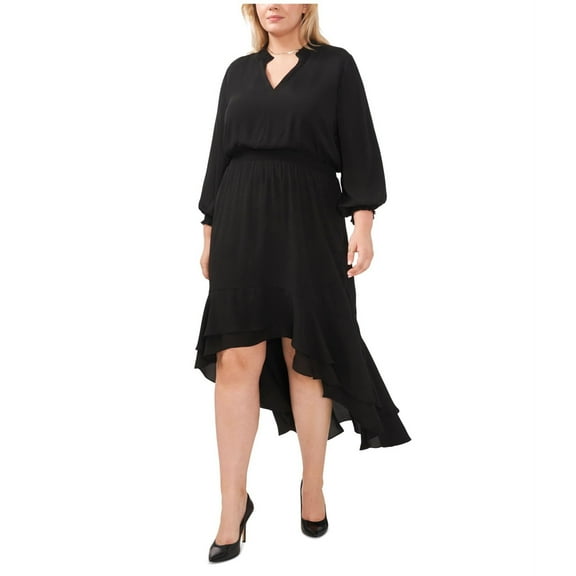 Vince Camuto Womens Smocked Trim Above-Knee High-Low Dress, Black, Plus Size, 1X
