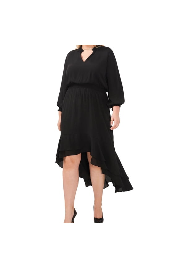 Womens Smocked Trim High-Low Dress, Black, Plus Size, 2X