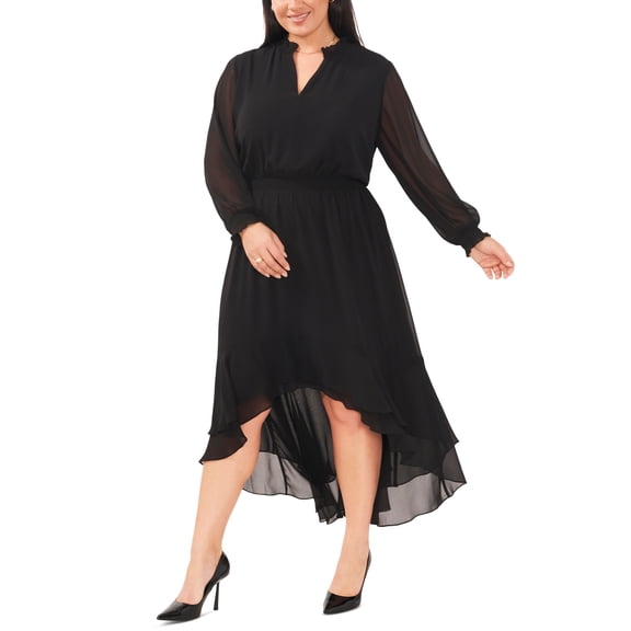 Plus Size Smocked-Waist High-Low Dress Rich Black 3X