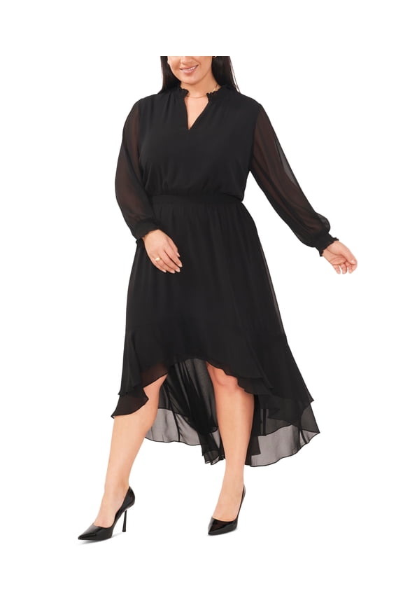 Plus Size Smocked-Waist High-Low Dress Rich Black 3X