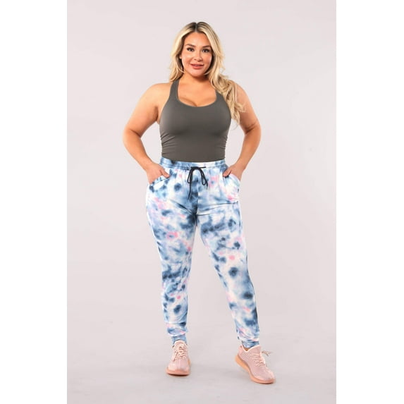 Plus Size Soft Brushed Joggers With Shoe Lace Tie - Blue, Pink Tie Dye