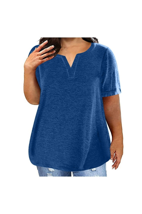 Plus Size Soft Cotton T Shirts for Women Loose Summer Top Comfy Short Sleeve V Neck Base Tees Solid Color Tshirts (3XL, Dark Blue)