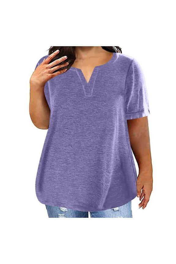 Plus Size Soft Cotton T Shirts for Women Loose Summer Top Comfy Short Sleeve V Neck Base Tees Solid Color Tshirts (3XL, Purple 01)