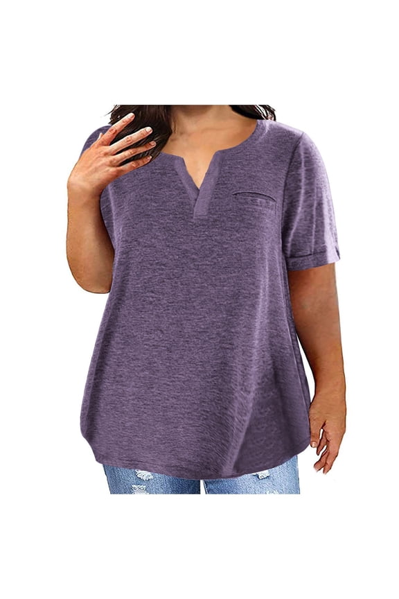 Plus Size Soft Cotton T Shirts for Women Loose Summer Top Comfy Short Sleeve V Neck Base Tees Solid Color Tshirts (3XL, Dark Purple)