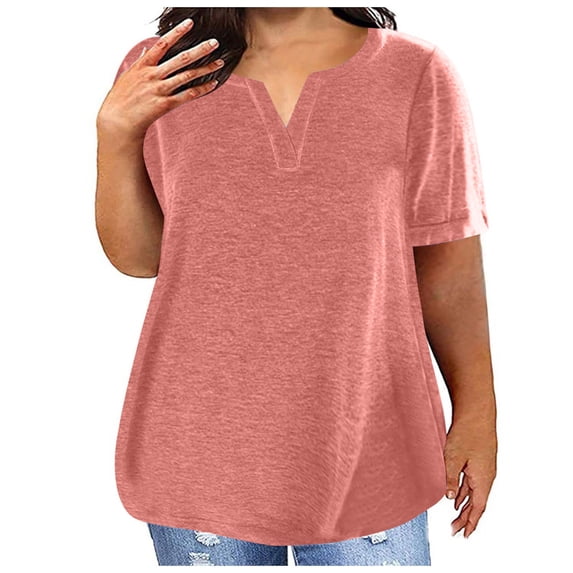 Plus Size Soft Cotton T Shirts for Women Loose Summer Top Comfy Short Sleeve V Neck Base Tees Solid Color Tshirts (4XL, Orange)