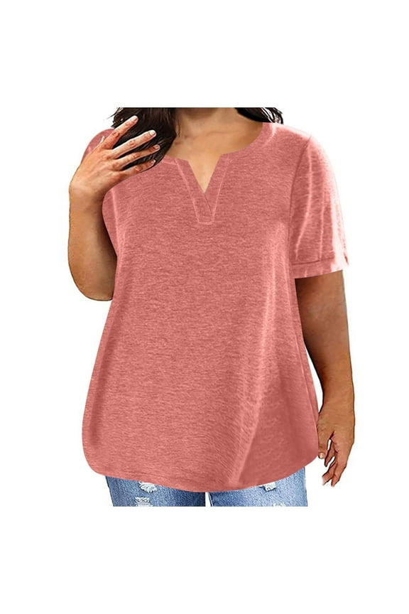 Plus Size Soft Cotton T Shirts for Women Loose Summer Top Comfy Short Sleeve V Neck Base Tees Solid Color Tshirts (4XL, Orange)