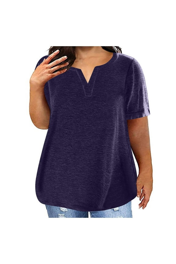 Plus Size Soft Cotton T Shirts for Women Loose Summer Top Comfy Short Sleeve V Neck Base Tees Solid Color Tshirts (4XL, Purple)