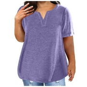 CHARELLA Plus Size Soft Cotton T Shirts for Women Loose Summer Top Comfy Short Sleeve V Neck Base Tees Solid Color Tshirts (XL, Purple 01)