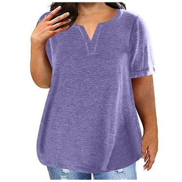 Plus Size Soft Cotton T Shirts for Women Loose Summer Top Comfy Short Sleeve V Neck Base Tees Solid Color Tshirts (XL, Purple 01)
