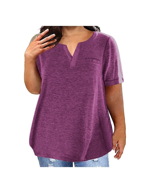 Plus Size Soft Cotton T Shirts for Women Loose Summer Top Comfy Short Sleeve V Neck Base Tees Solid Color Tshirts (2XL, Light Purple)