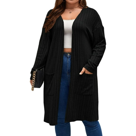 Plus Size  - Soft Knit Cardigan Long Sleeve Open Front Coat with Pockets Black 4XL