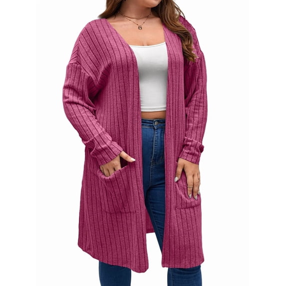 Plus Size - Soft Knit Cardigan Long Sleeve Open Front Coat with Pockets Rose Red 5XL
