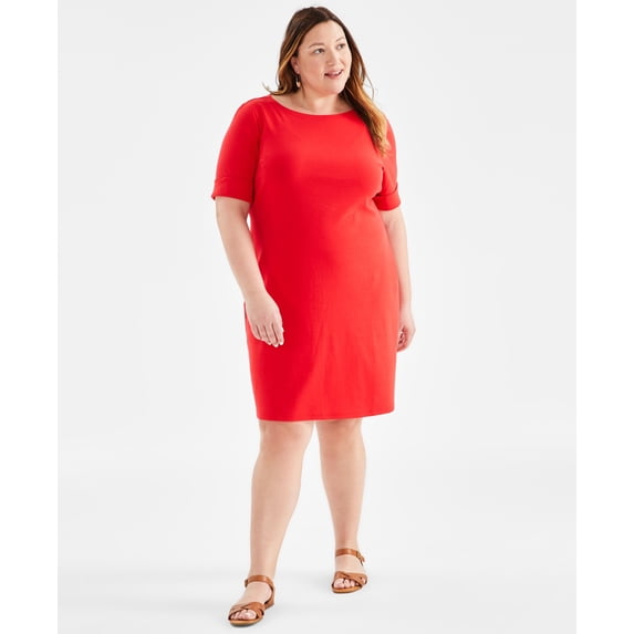 Plus Size Solid Boat-Neck Dress Gumball Red 0X
