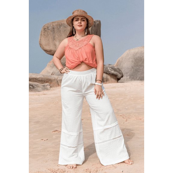 Plus Size Solid Color Cotton Linen Elastic Loose Pants. (2XL, White)