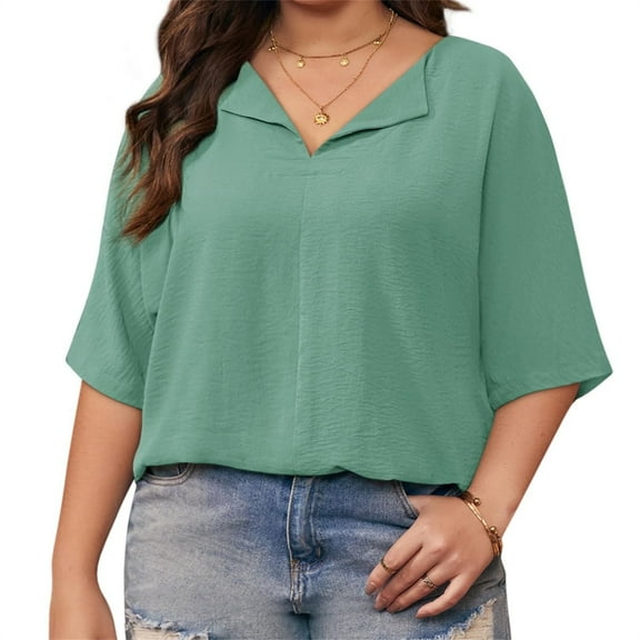 Plus Size Solid Color V-neck Loose Blouse Short Sleeved Casual Loose Tops