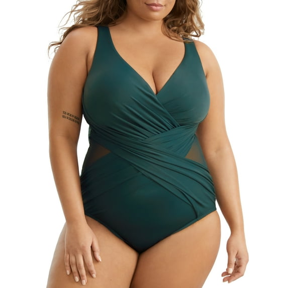 Plus Size Solid Crossover One-Piece Swimsuit
