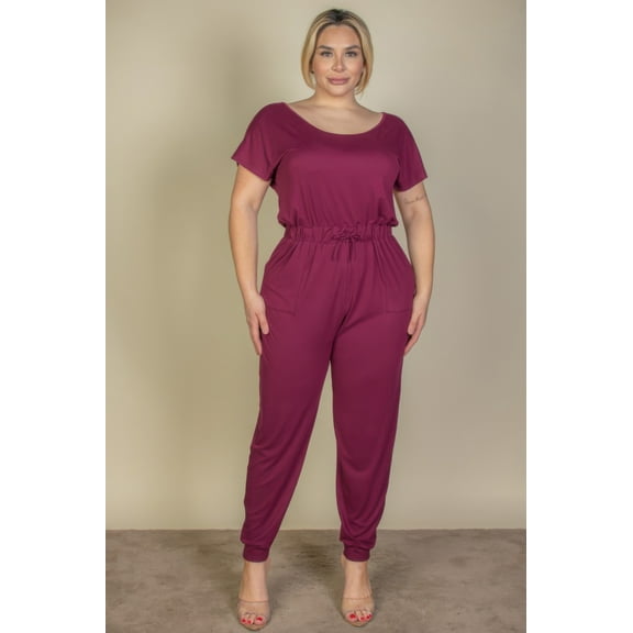 Plus Size Solid Drawstring Short Sleeve Jumpsuit