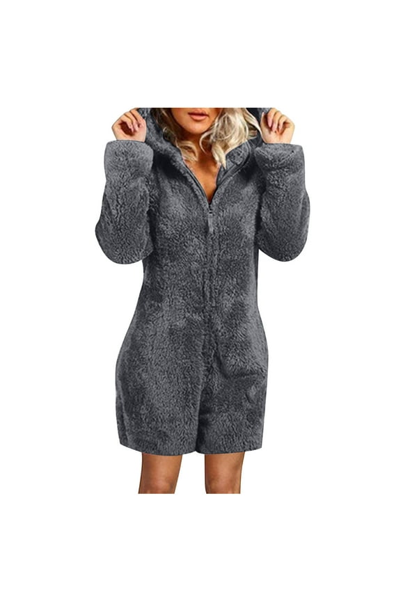 Plus Size Solid Fleece Jumpsuit Shorts for Women Solid Wide Leg Onesie Cute Cat Ear Hooded Rompers Fall Winter Attire