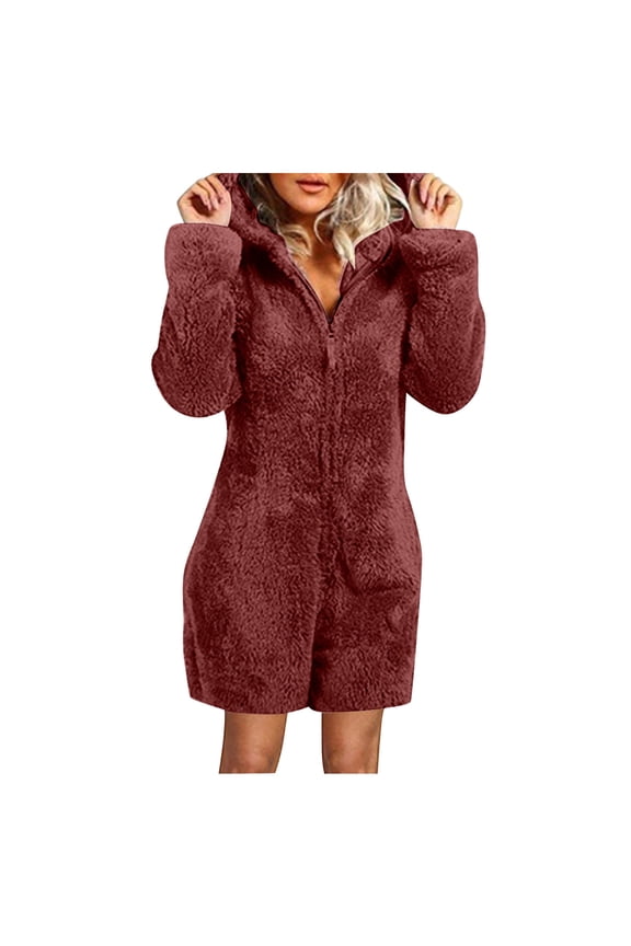 Plus Size Solid Fleece Jumpsuit Shorts for Women Solid Wide Leg Onesie Cute Cat Ear Hooded Rompers Fall Winter Attire