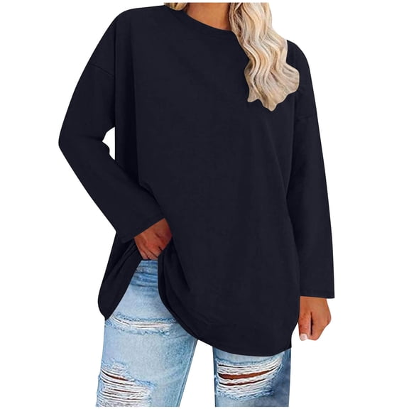 Plus Size Solid Tops for Women Winter Long Sleeve Crew Neck Basic Loose fit Pullover Sweatshirts Oversized Tunic Shirts