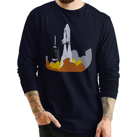 Plus Size Space Shuttle Launch Graphic Design Unisex Ring Spun Cotton Premium Long Sleeve T-shirt - Navy 2XL
