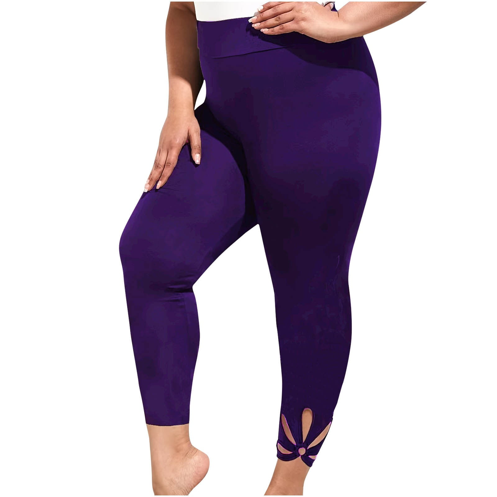 Plus Size Spandex Leggings Womens High Waist Stretchy Flower Cut Out Bottom  Capri Legging Workout Yoga Pants (4X-Large, Purple) 