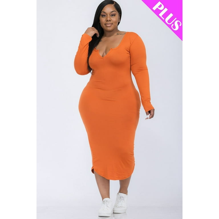 Plus Size Split Neck Long Sleeve Midi Dress Mango 3XL 