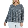 thumbnail image 1 of Plus Size Split-Neck Long-Sleeve Top Black Petals 4X, 1 of 1